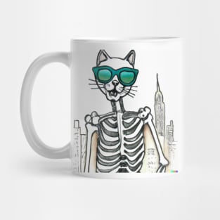 A hipster skeleton cat with shades in New York. Mug